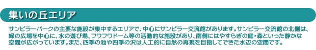 【集いの丘エリア】サンピラーパークの主要な施設が集中するエリアで、中心にサンピラー交流館があります。サンピラー交流館の北側は、
緑の広場を中心に、水の遊び場、フワフワドーム等の活動的な施設があり、南側にはやすらぎの庭・森といった静かな
空間が広がっています。また、四季の池や四季の沢は人工的に自然の再現を目指してできた水辺の空間です。